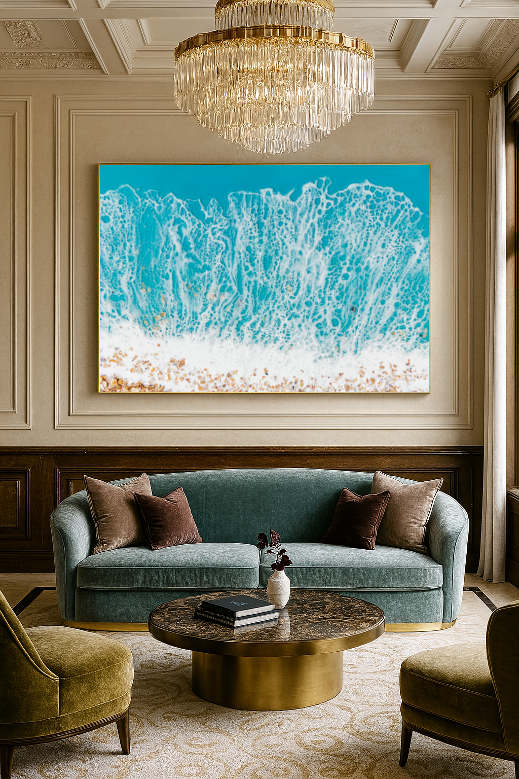 Epoxy resin and canvas wall art depicting ocean waves crashing on the shore in vivid aqua and white, titled "Azure Embrace"