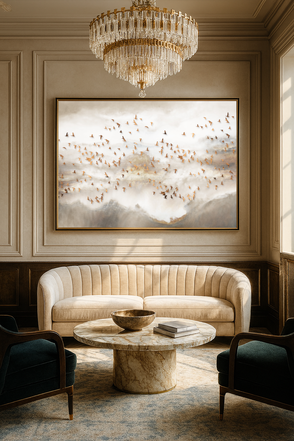 Flight Through Silence - A horizontal epoxy and resin artwork on canvas depicting a flock of birds flying across a soft, misty sky