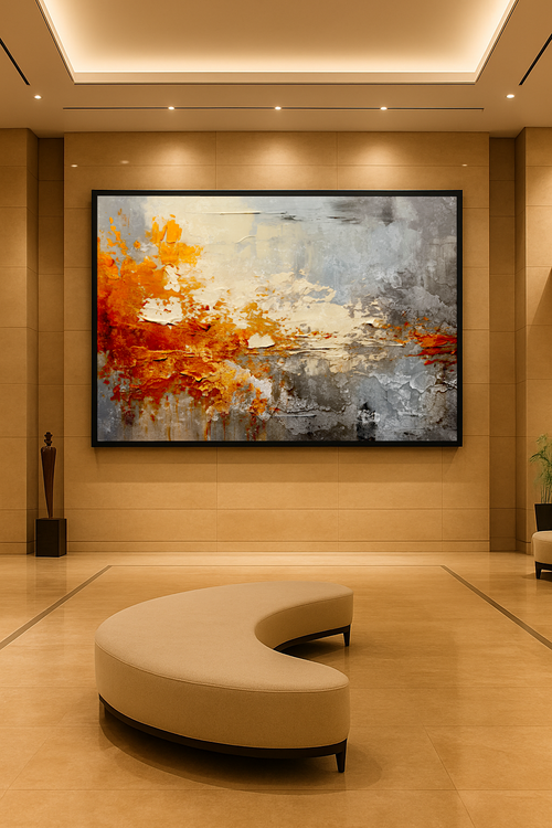 Modern interior with abstract painting and curved beige sofa
