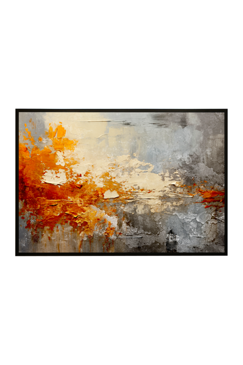 Abstract art painting with orange and gray colors on a white background