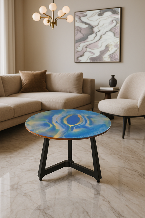 Round epoxy table with swirling blue and gold design, set in a modern interior with marble flooring.