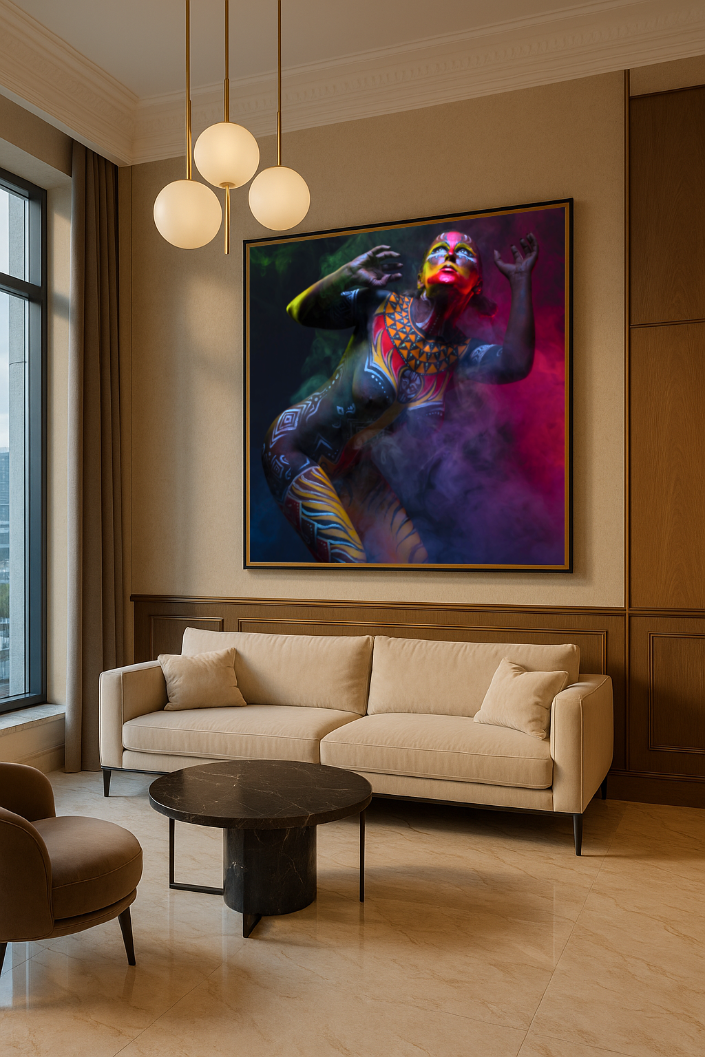 Epoxy resin and acrylic painting of a body-painted woman emerging from shadows into vibrant light and color