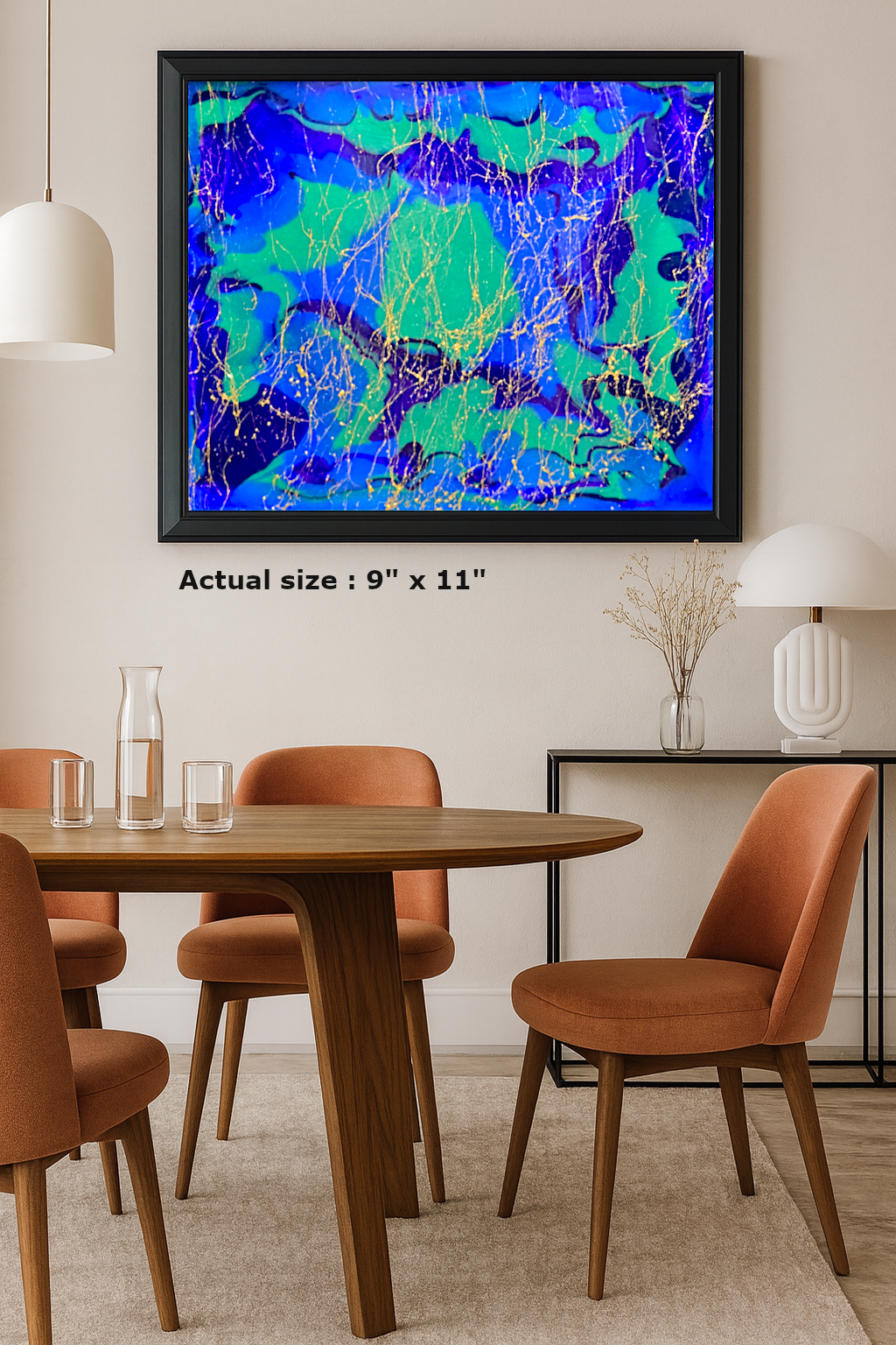 "Blue Haven" – abstract epoxy resin wall art in shades of blue and green with golden accents, size 9 x 11 inches