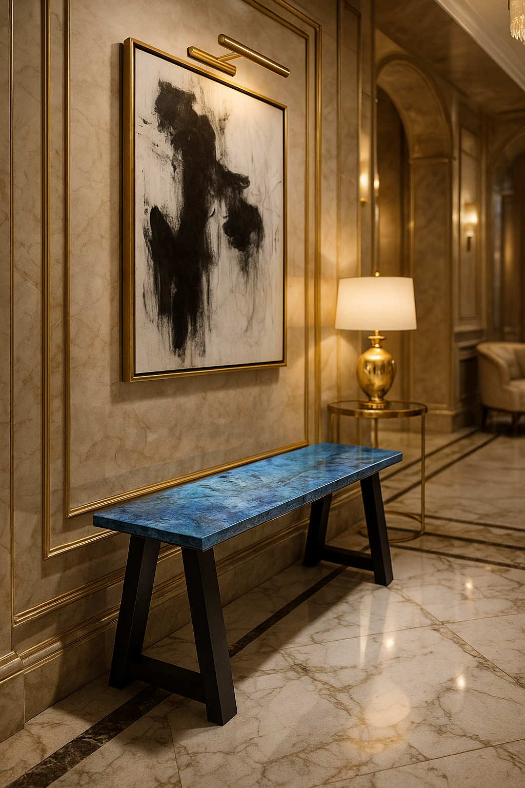 Luxury epoxy bench with deep blue cloudy finish and black geometric legs in a grand marble hallway.