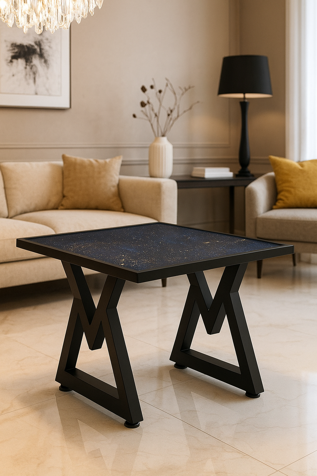 Dark blue epoxy table with galaxy-like glitter finish in an elegant living room.