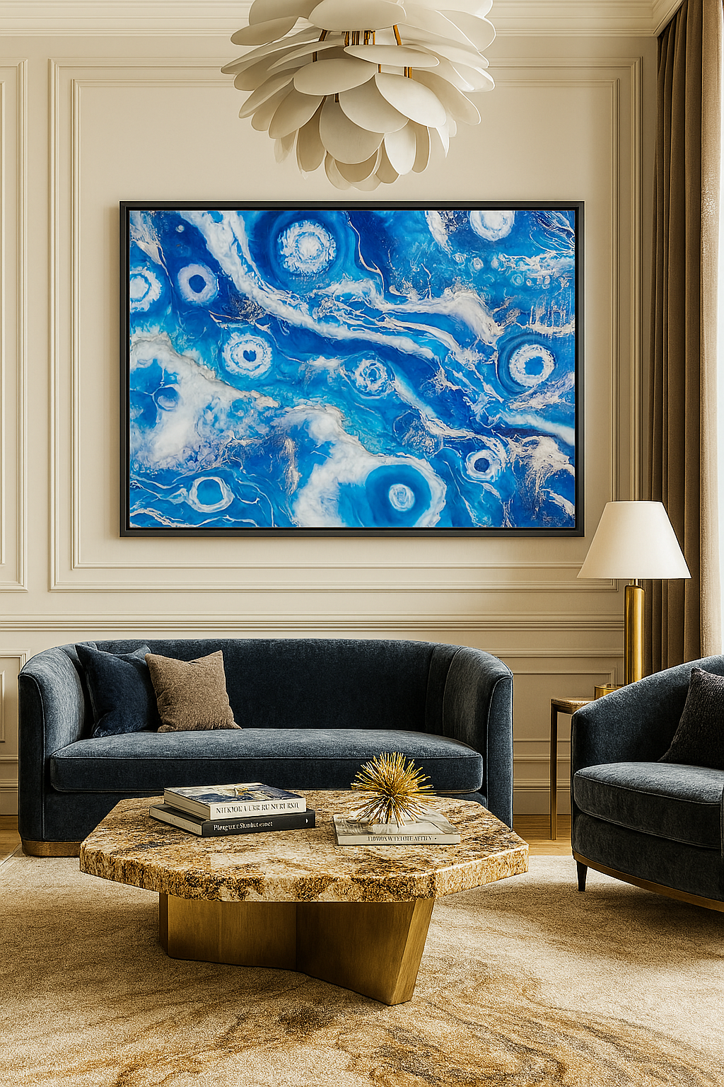 Celestial Tides – luxury large abstract wall art in blue tones made with epoxy, resin, and print on canvas, featuring cosmic ocean-like patterns in a high-end interior setting