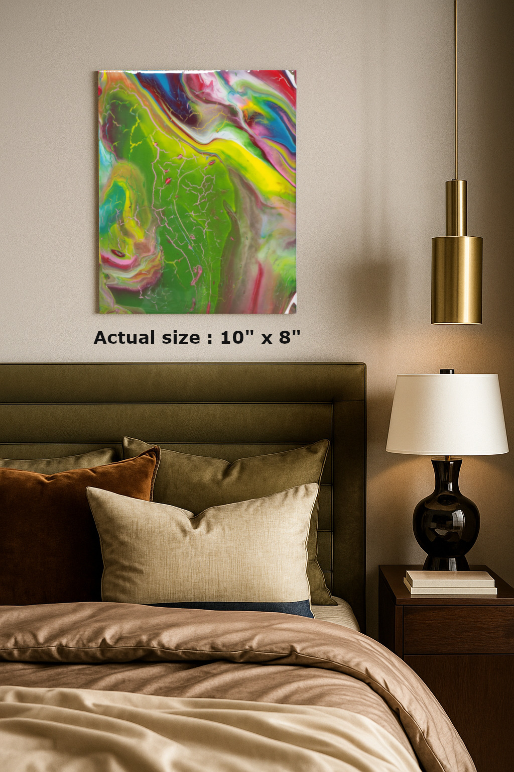 Color Half abstract resin and acrylic wall art in vibrant green, yellow, and red tones
