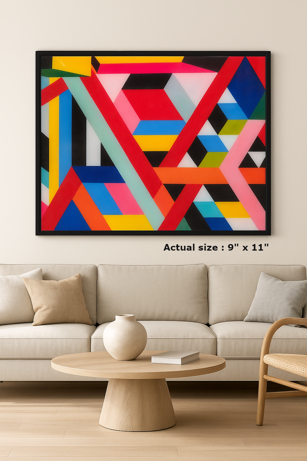 Framed geometric wall art titled "Color Stripes" in vibrant epoxy / resin, featuring colorful abstract patterns on a 9.75 x 11.75 inch canvas