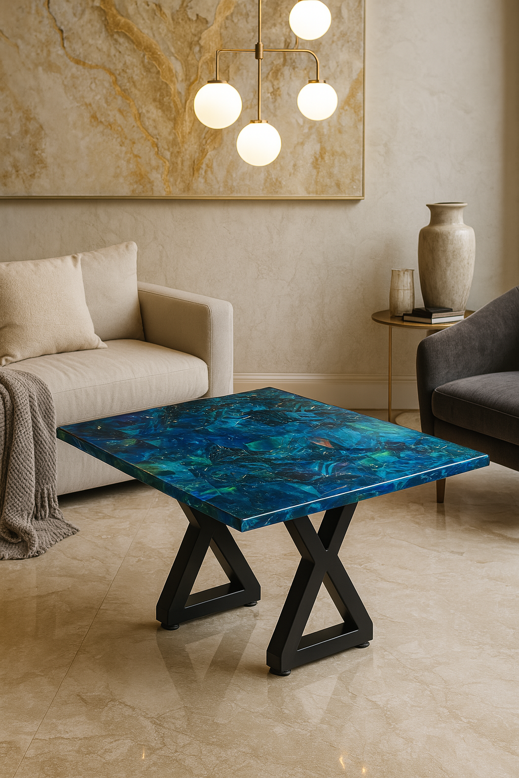 Square epoxy table with rich ocean blue and emerald green swirls on black metal base in a luxury setting.