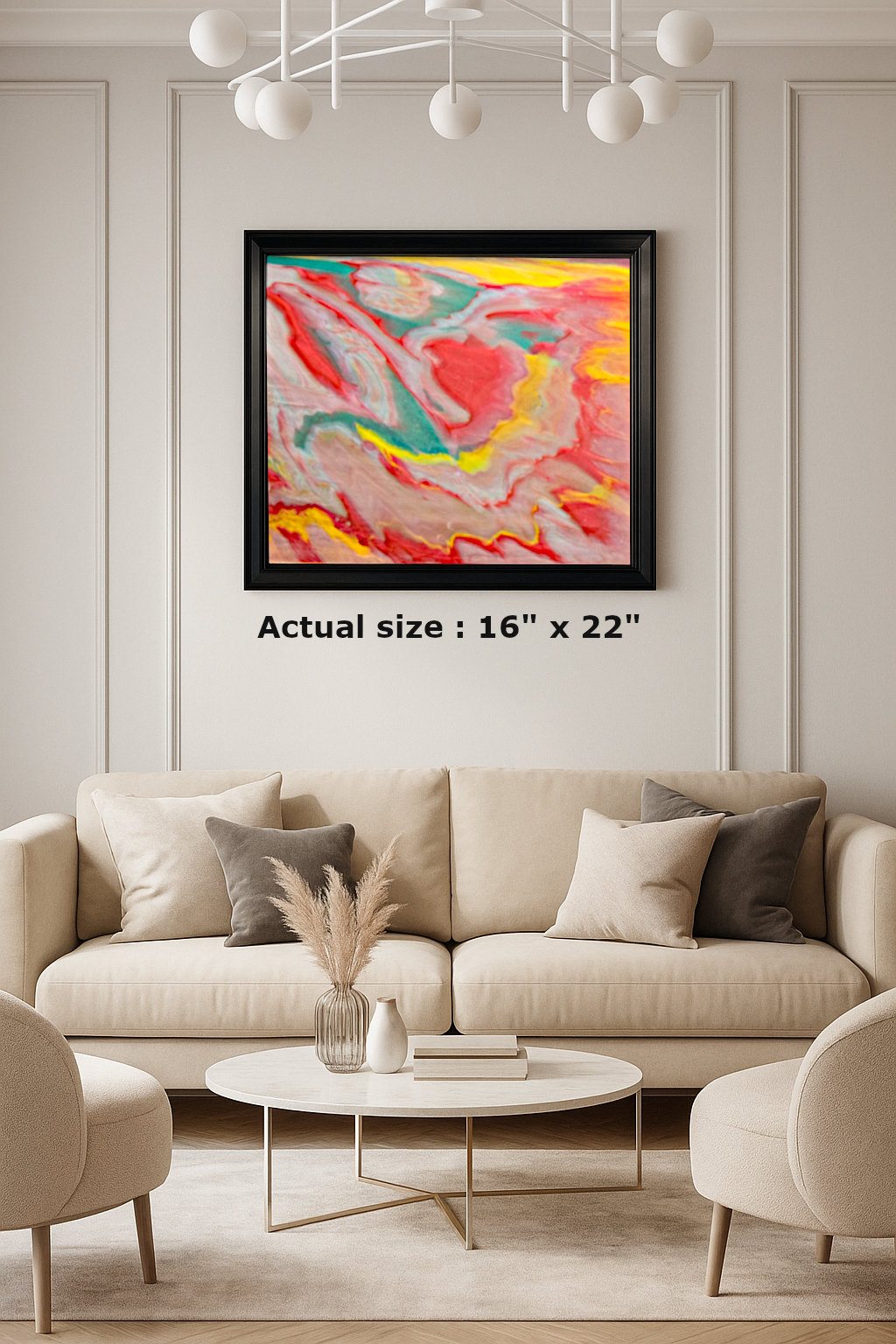 Dot Mania abstract wall art made with epoxy / resin, featuring vibrant red, pink, yellow, and teal swirls in a modern black frame.