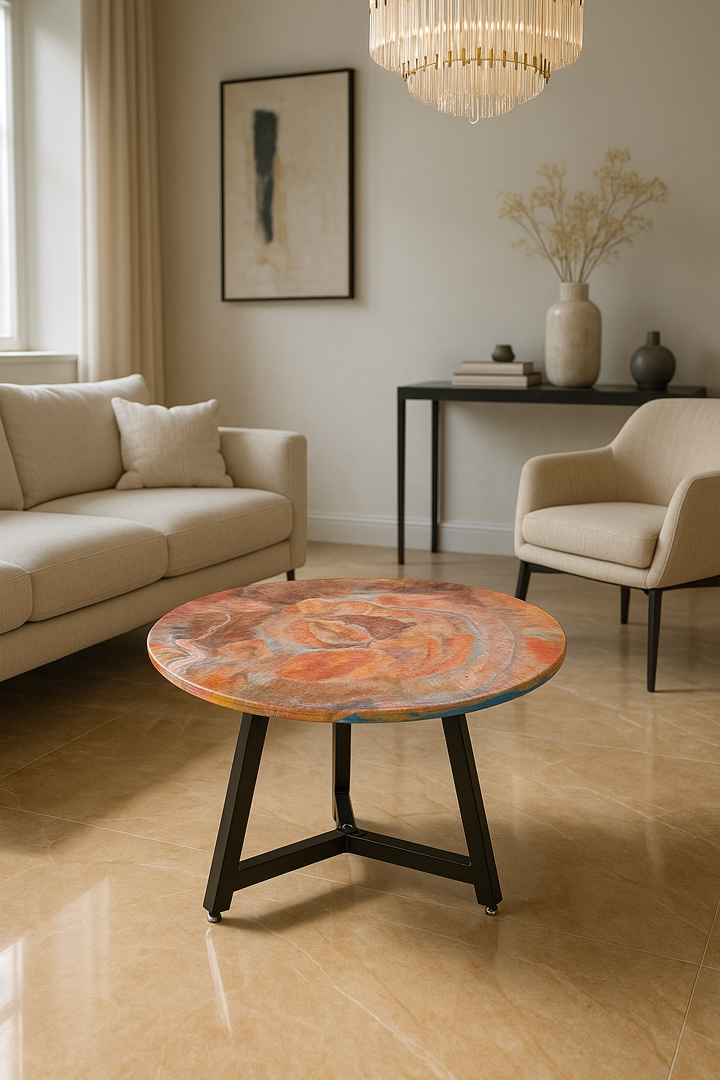 Round epoxy table in rustic tones of orange and brown with natural swirl design in a cozy beige living room.