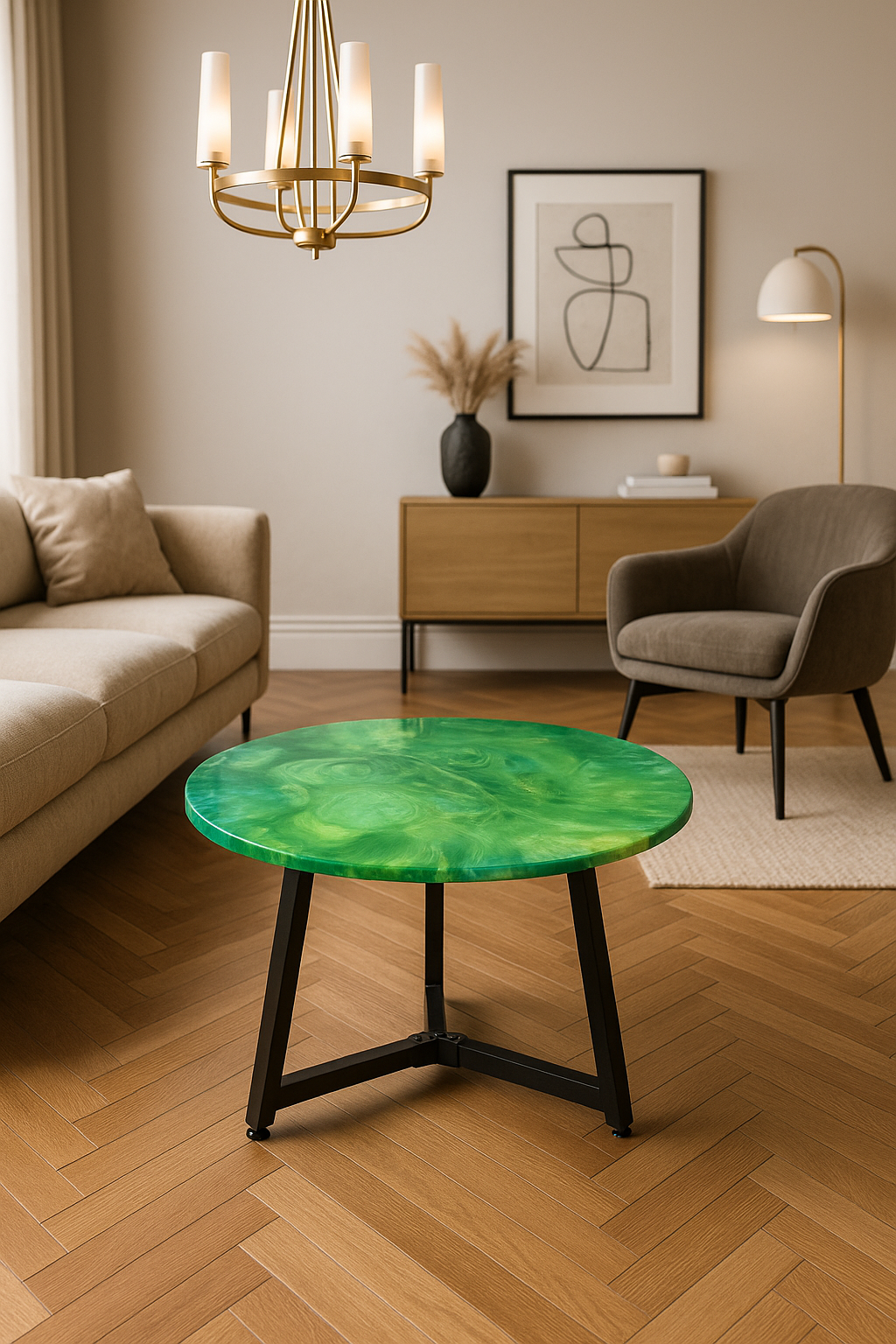 Bright green circular epoxy table with bold swirls on black tripod base in a modern living room.