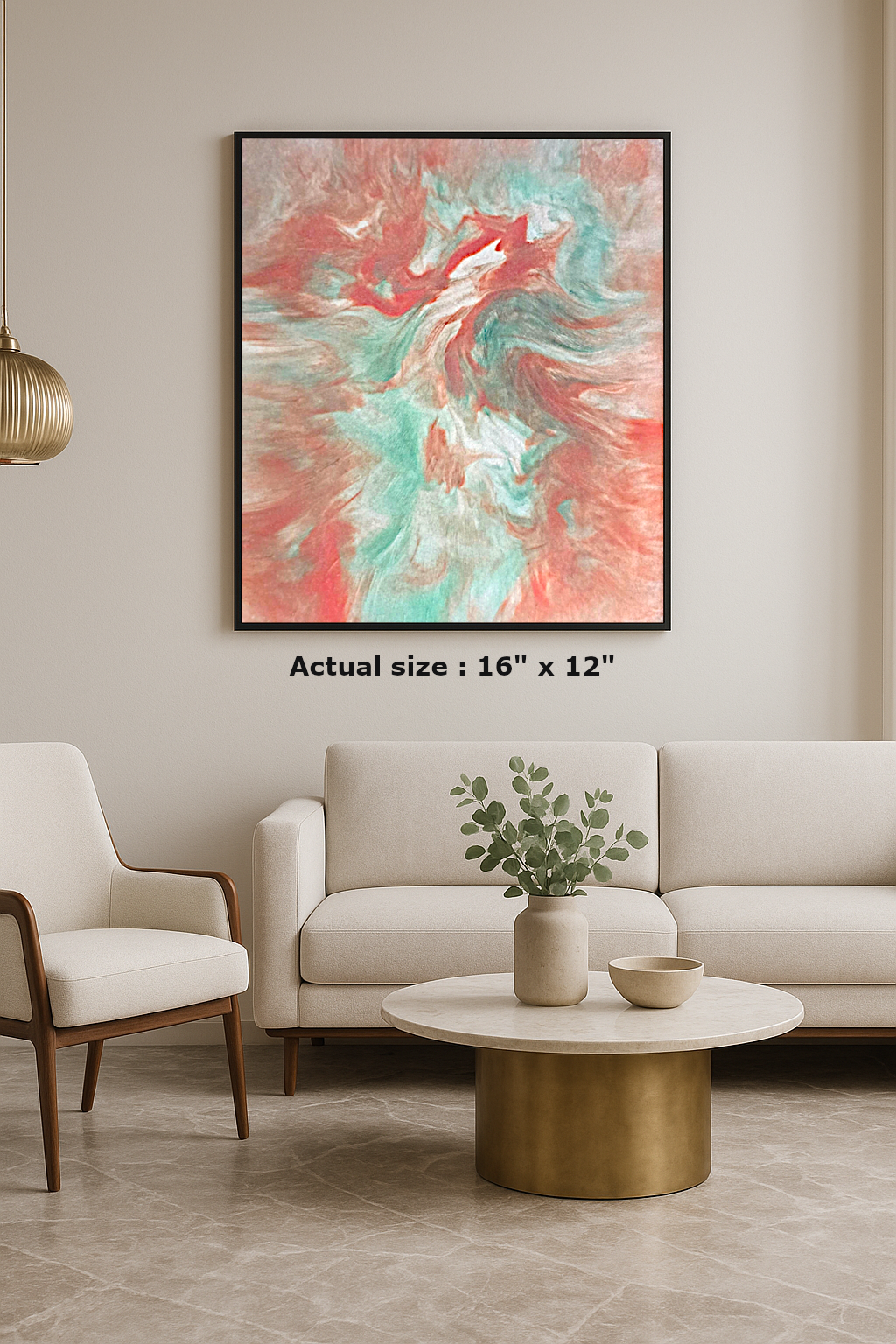 Abstract epoxy resin  wall art with flowing coral and teal tones on a front-facing wall in a modern interior