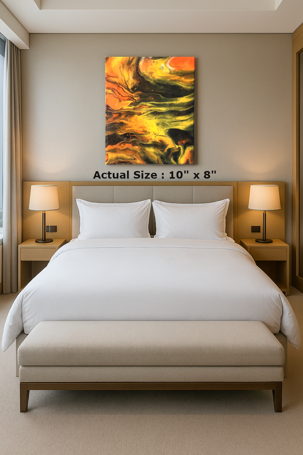 Fire Trap resin and acrylic wall art with orange, yellow, and black flowing textures