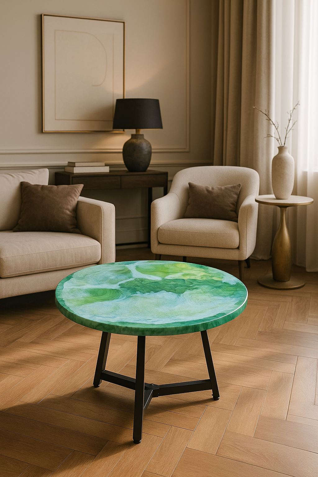 Light green round epoxy table with natural swirling textures in a soft beige interior.