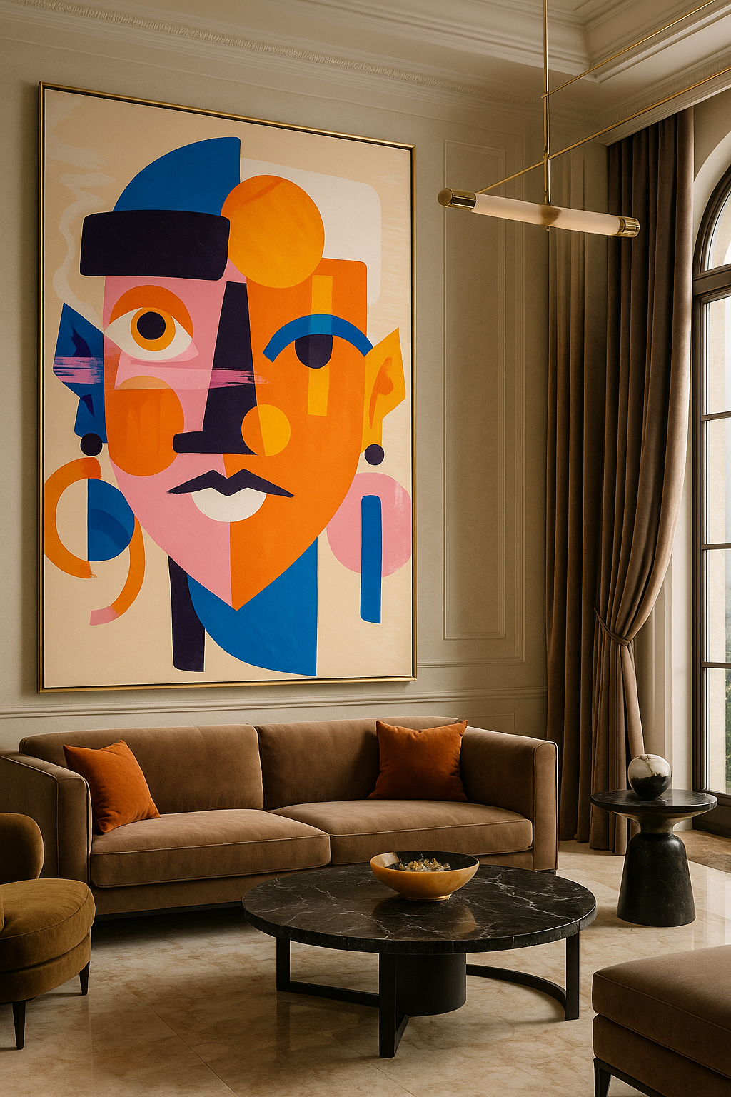 Colorful abstract Cubist wall art titled “Fragmented Essence” created with epoxy, resin, and printed canvas, featuring a bold geometric face design in blue, orange, pink, and yellow tones.