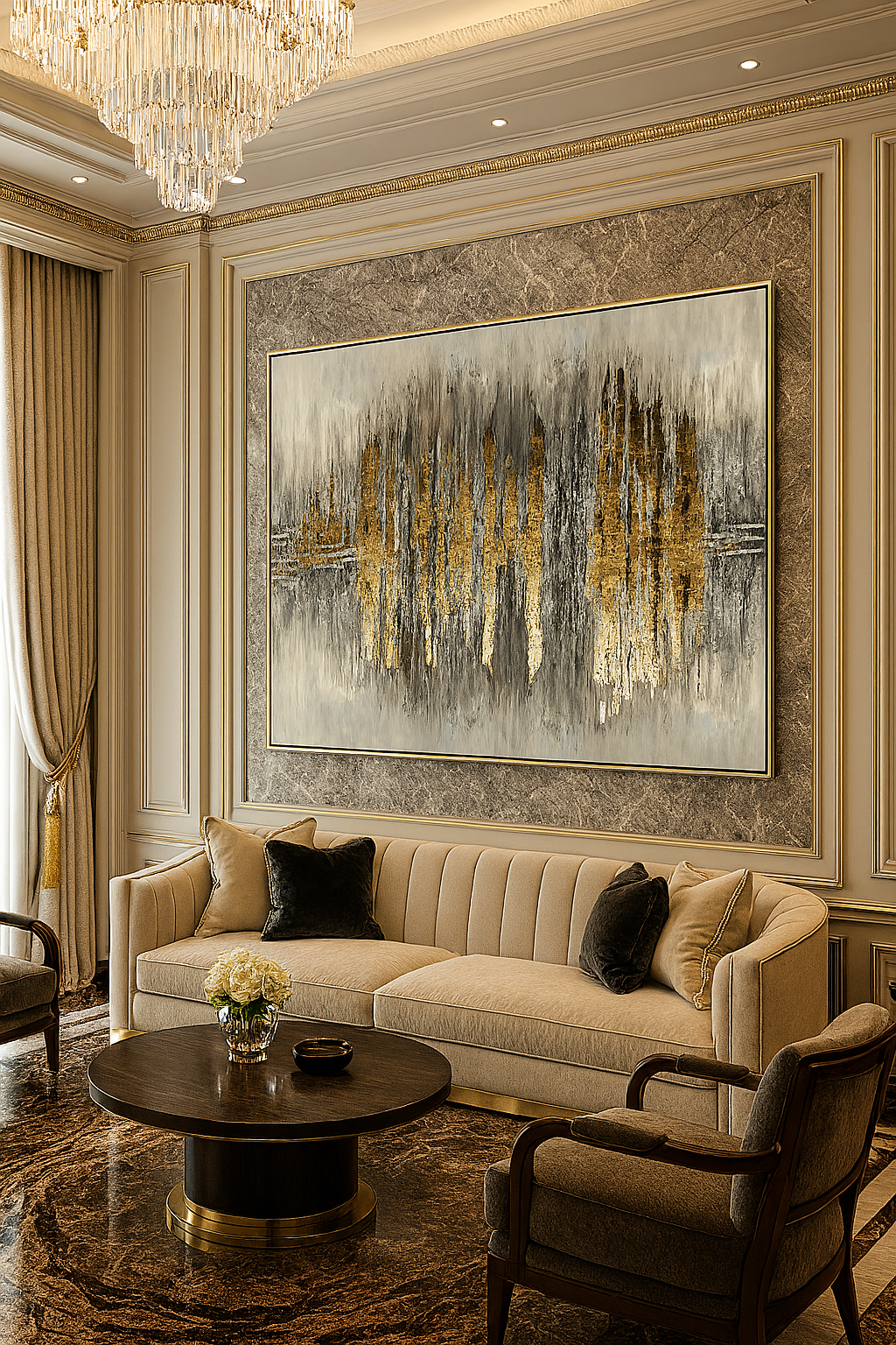 Golden skyline mirrored abstract wall art in epoxy, resin, and canvas with textured gold and grey tones for luxury interior decor