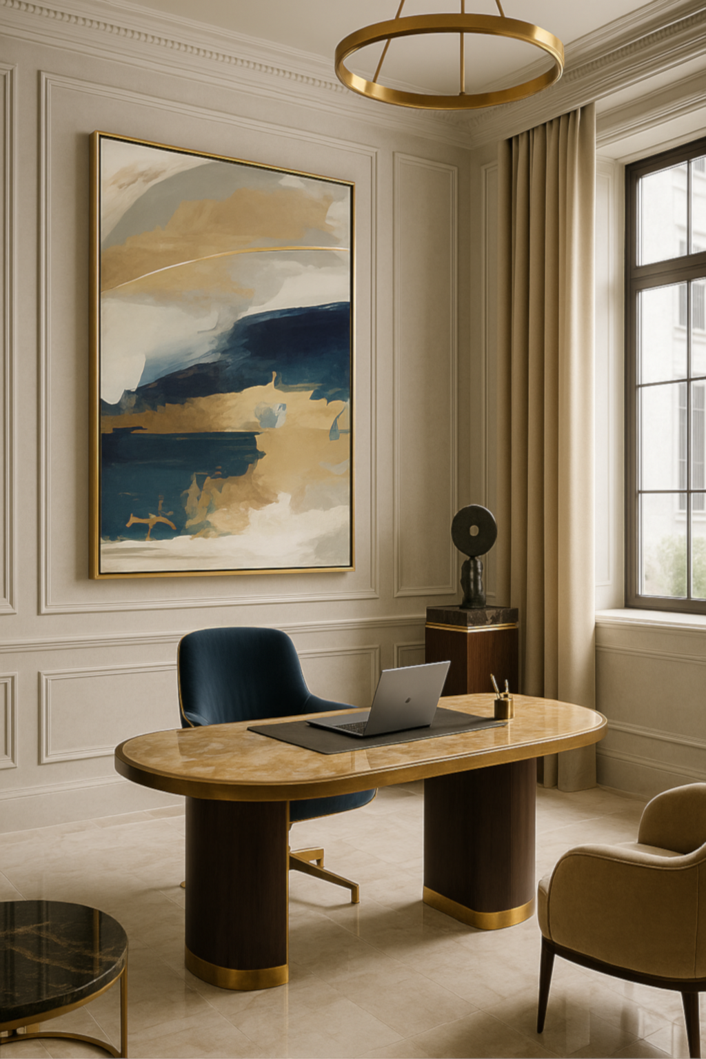 Golden Voyage – abstract resin and epoxy wall art in gold, navy, and cream tones on canvas, 48x72 inches