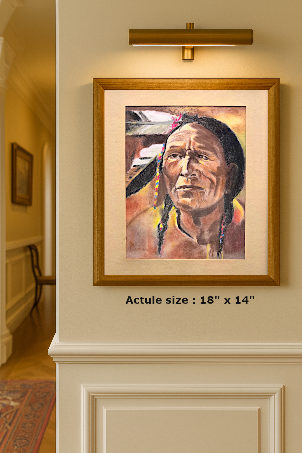 Framed artwork titled "Indian Thoughts" showcasing a Native American elder's face in epoxy / resin with rich, earthy tones