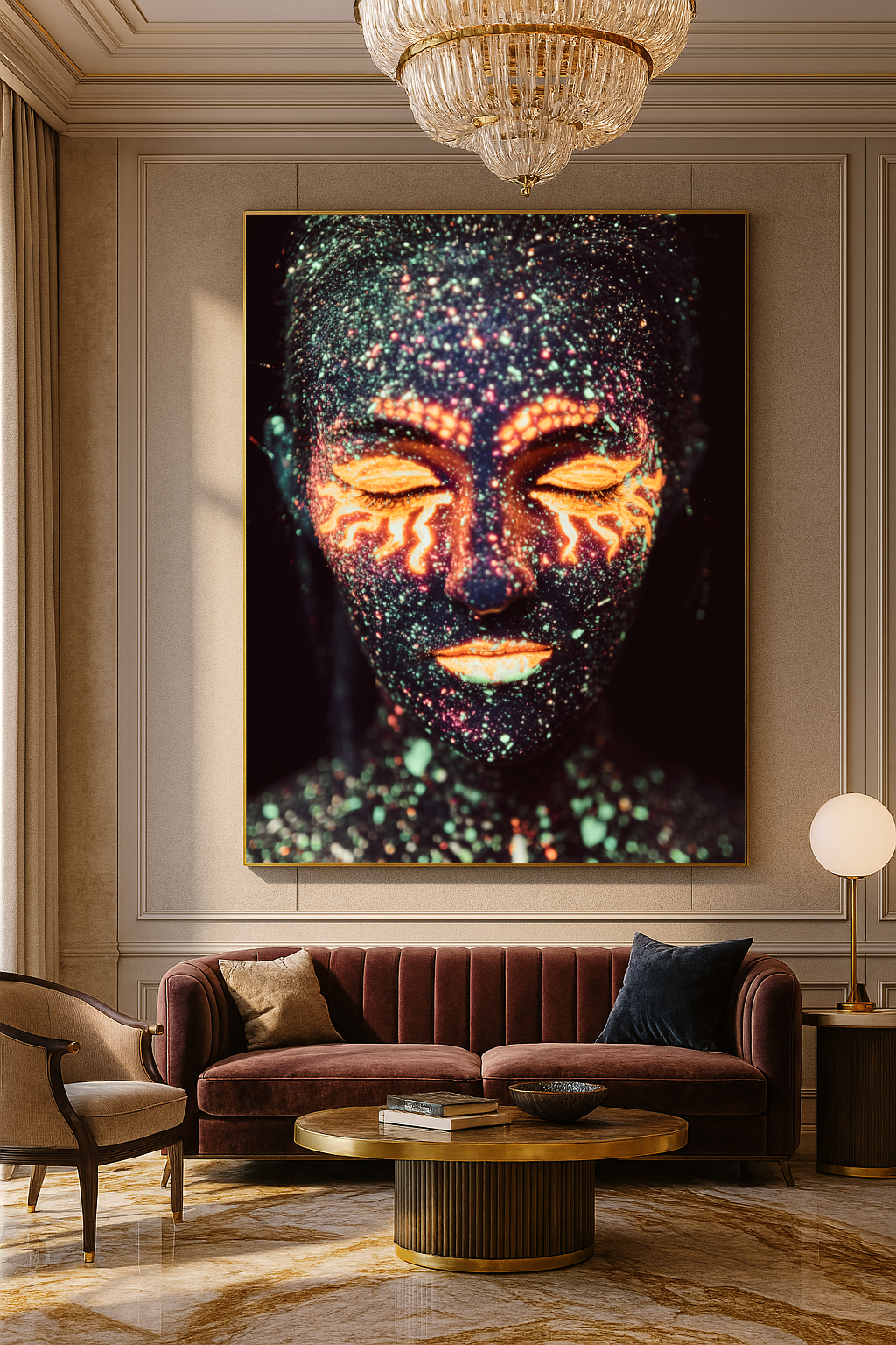 Colorful resin and acrylic painting of a woman’s glowing face covered in vibrant, cosmic body art with closed eyes