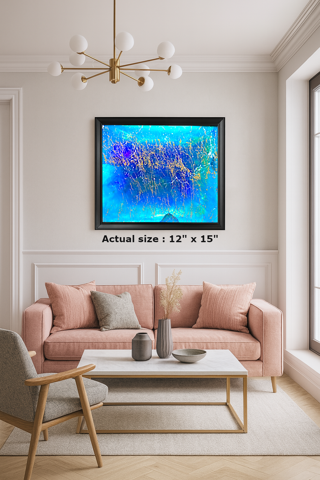 Framed abstract resin wall art titled "Island in Ocean" featuring deep blue, aqua, and gold accents