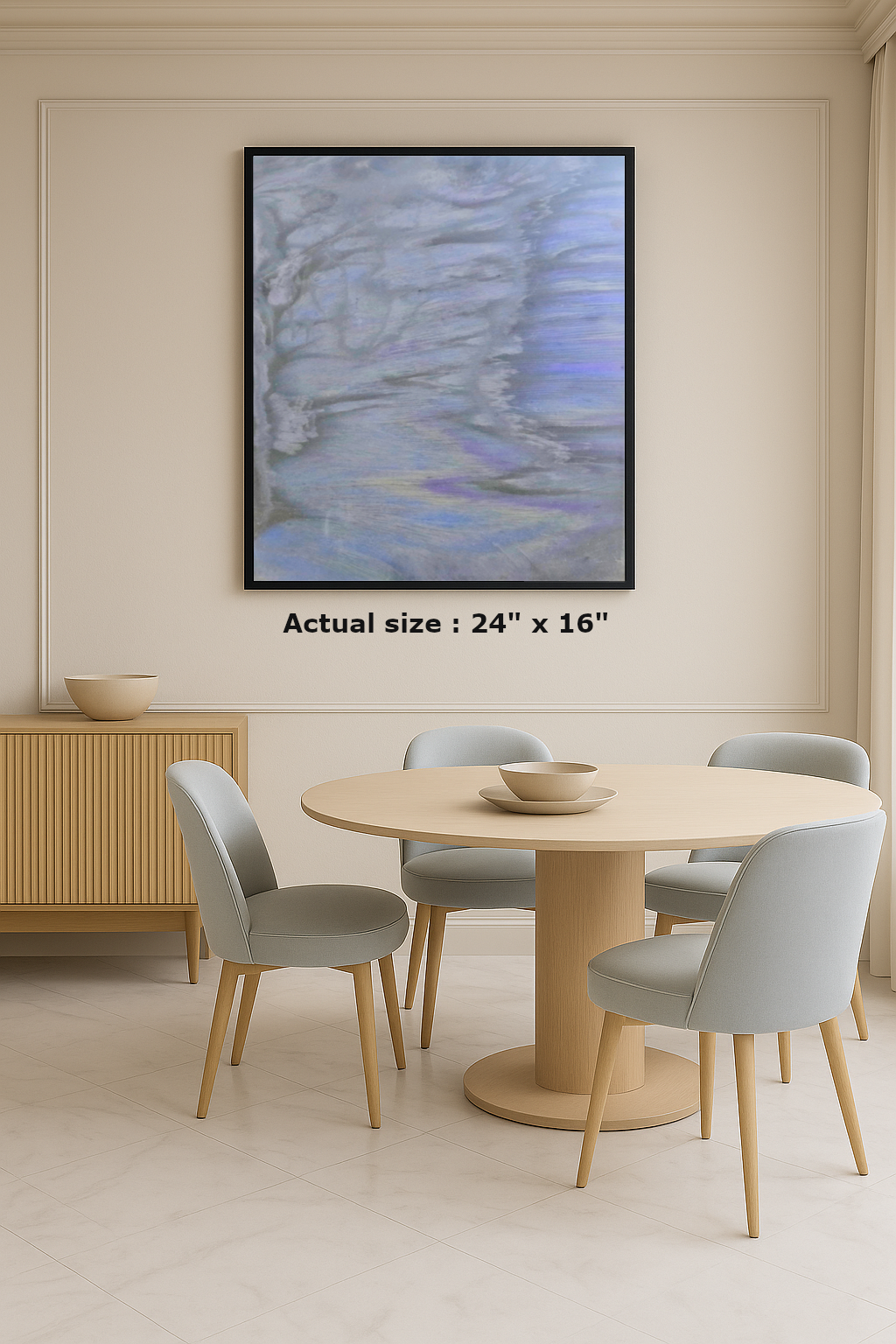 Abstract epoxy resin in soft gray tones, framed and displayed on a luxury interior wall