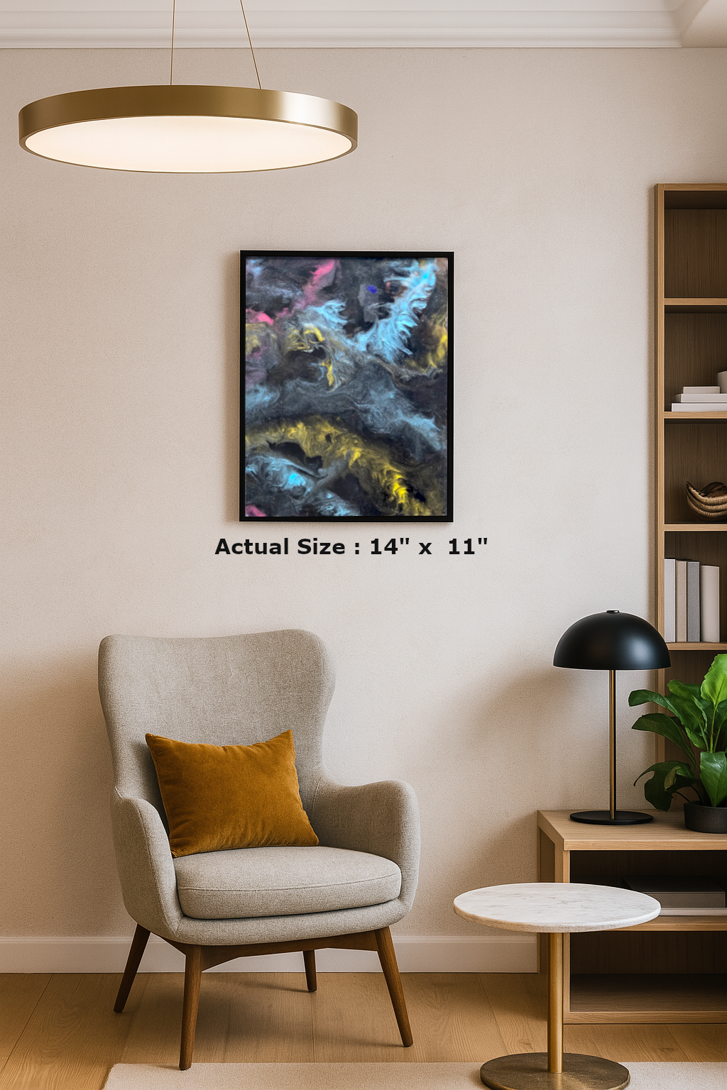 Framed abstract wall art made with epoxy / resint in swirling blue, yellow, pink, and black patterns