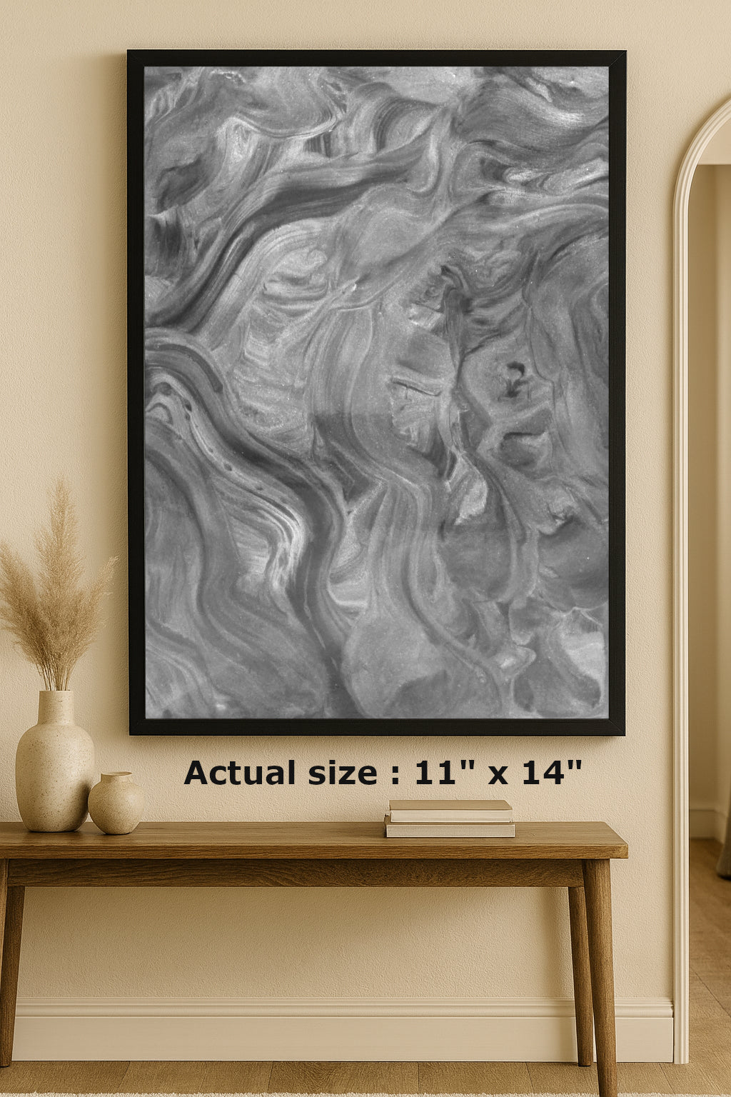 Black abstract epoxy and resin painting with smoky textures and elegant swirls