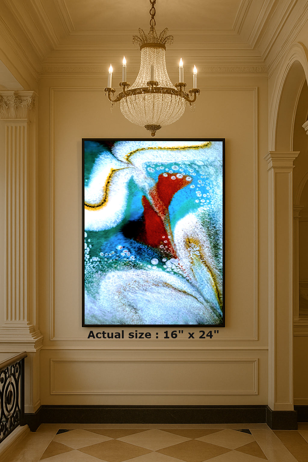 Melting Sky abstract resin wall art with red, blue, and gold colors blending smoothly like a melting sunset sky.