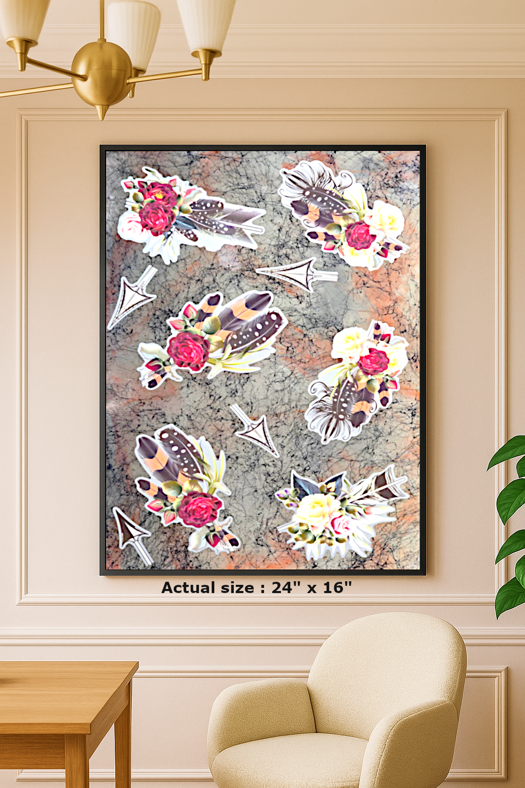 Framed epoxy resin wall art featuring layered feathers and floral designs on an abstract marbled background
