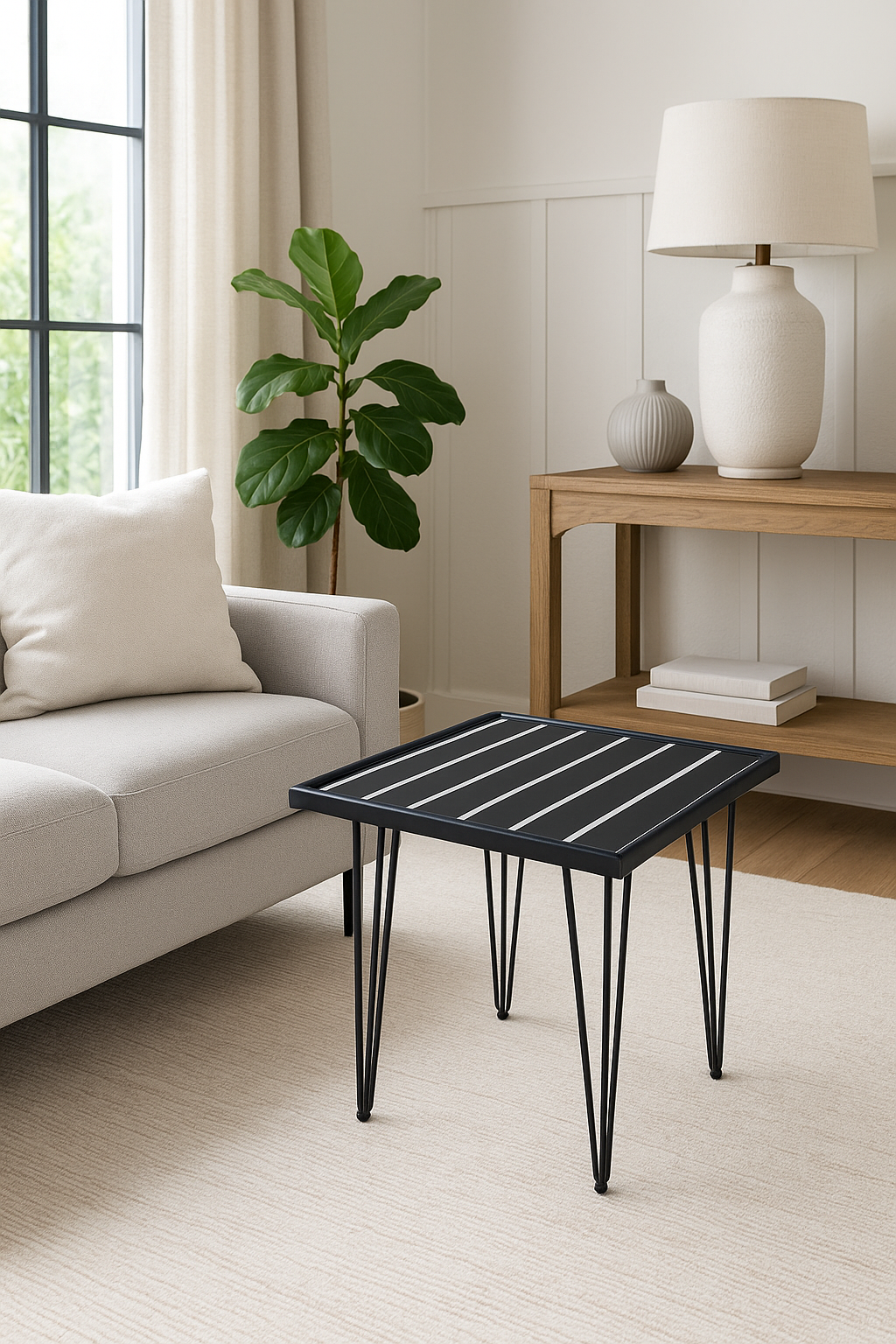 Black and white striped square epoxy table with hairpin legs in a modern living room.