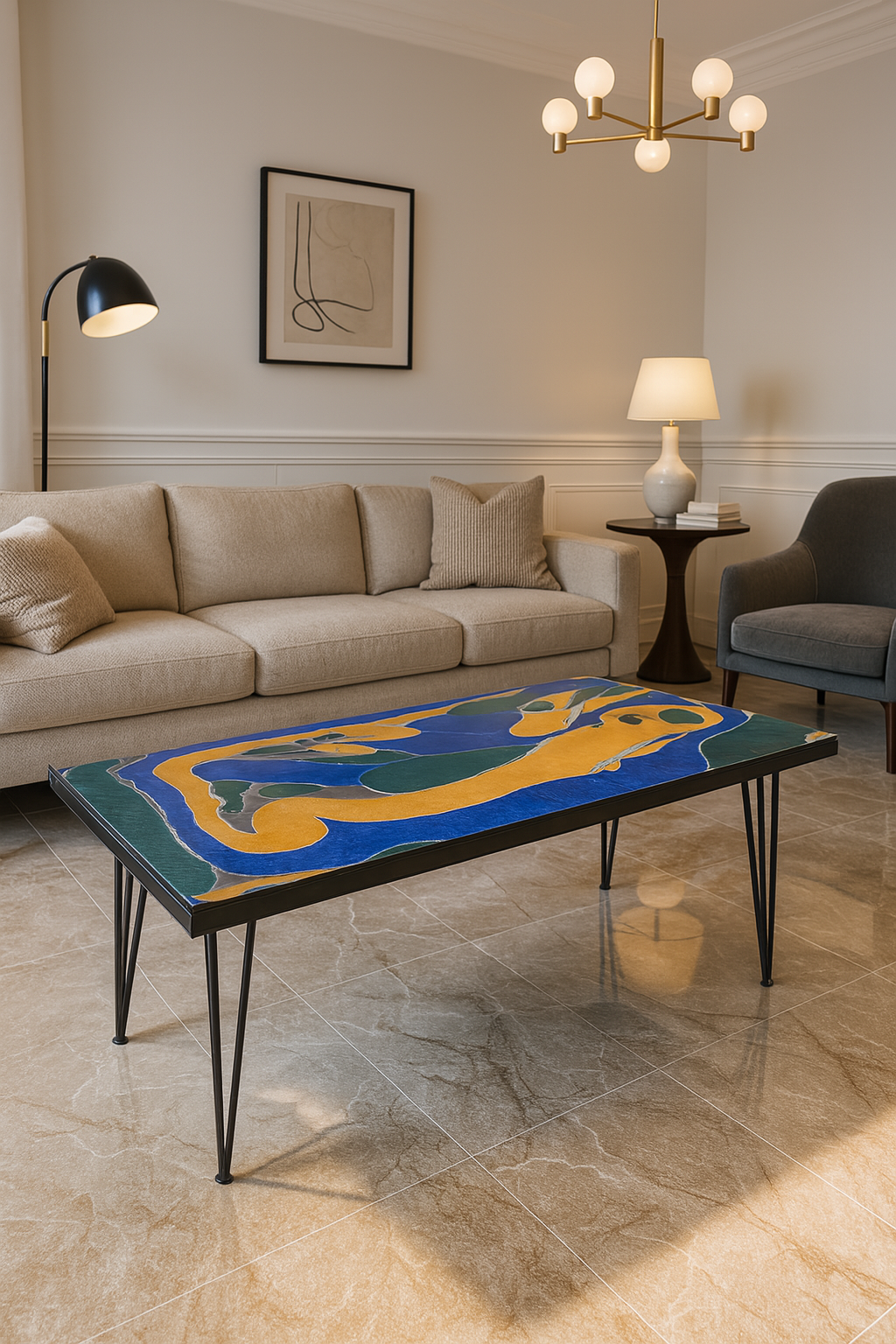 Colorful abstract epoxy coffee table in blue, yellow, and green with modern hairpin legs.