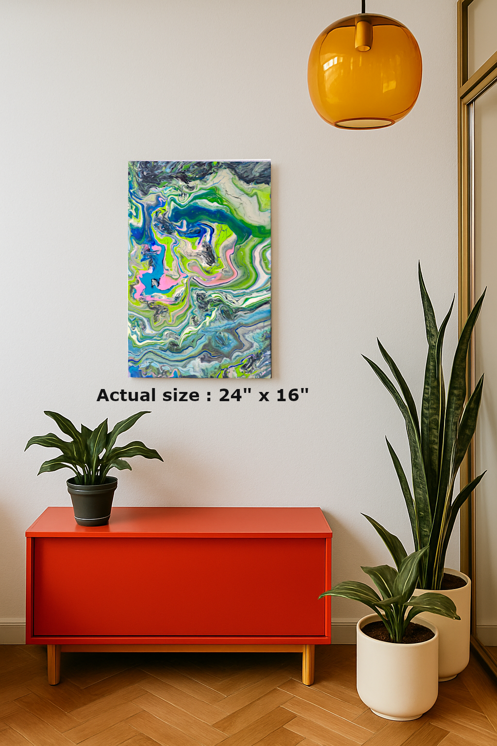 Ocean Swirl resin and acrylic wall art with blue, green, and pink flowing abstract textures