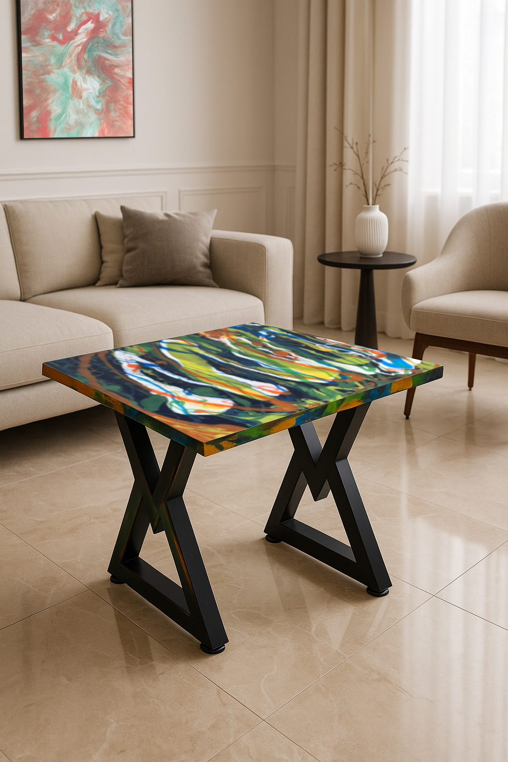 Colorful epoxy table with abstract streaks of orange, green, and blue on black M-frame legs.