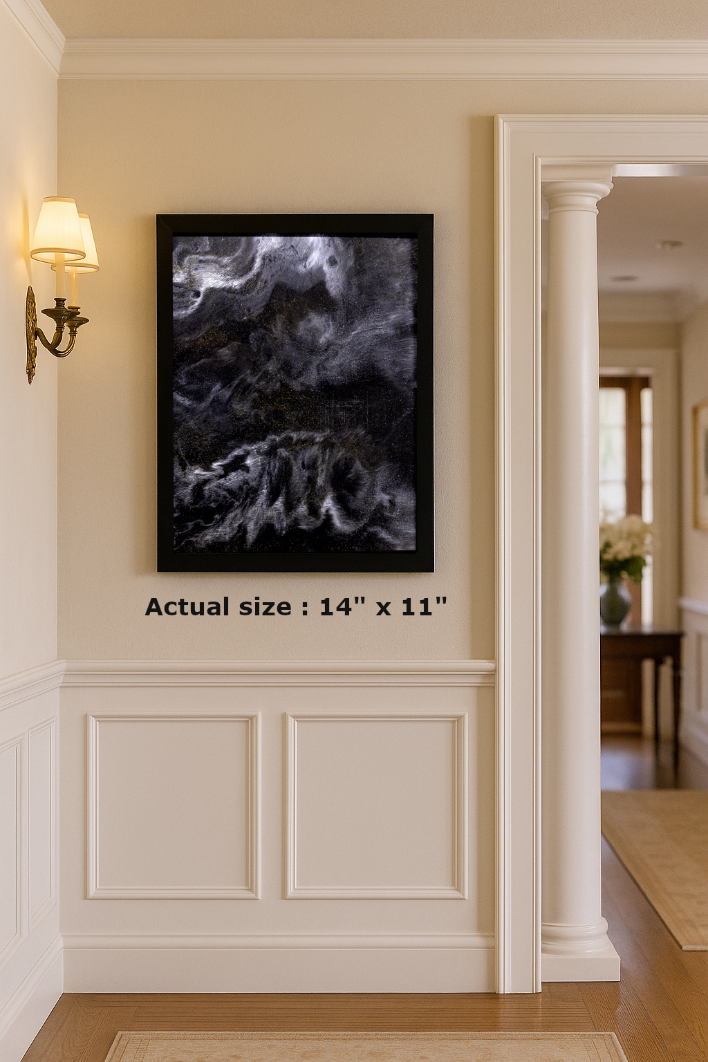 Raging Gray - 14x11 inch epoxy resin abstract wall art featuring swirling gray, black, and metallic patterns with a glossy finish.