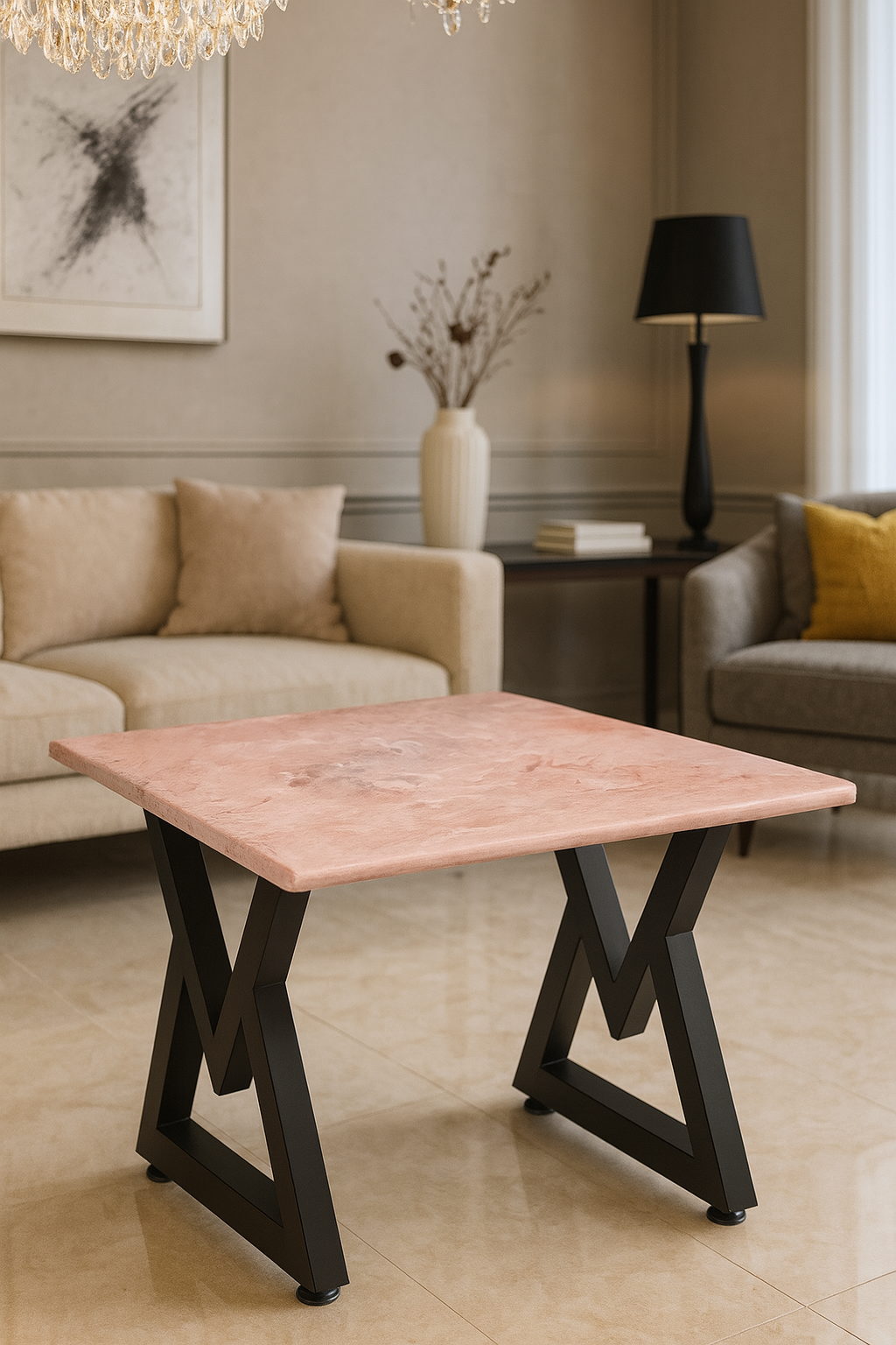Blush pink matte epoxy table with black M-frame legs in a light-toned luxury room.