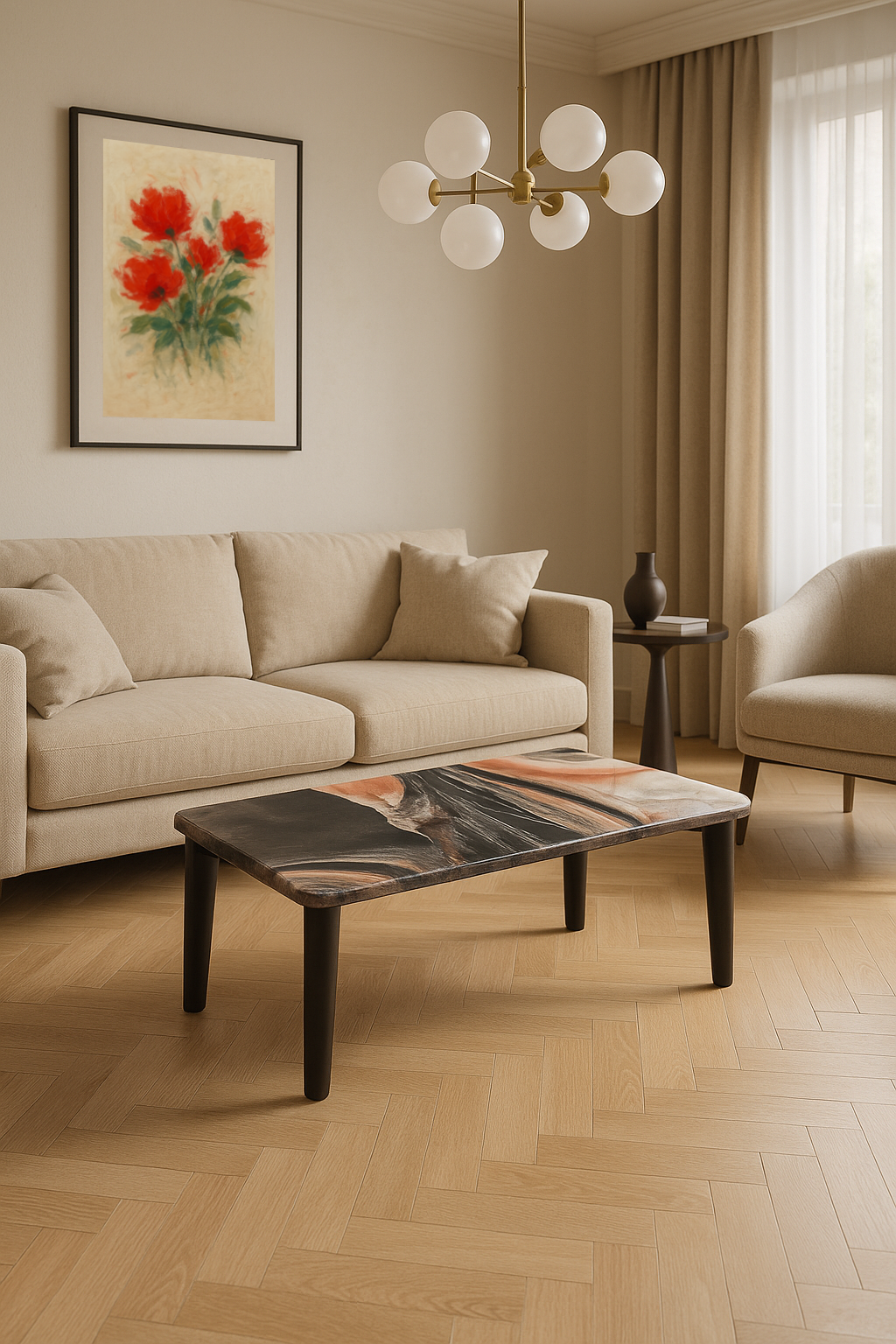 Rectangular epoxy table with swirling earthy tones on soft black wooden legs in a neutral-toned interior.