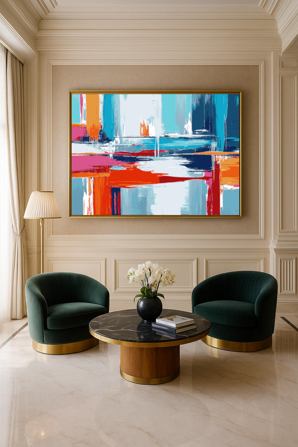 Modern living room with abstract art, green chairs, and a round coffee table.