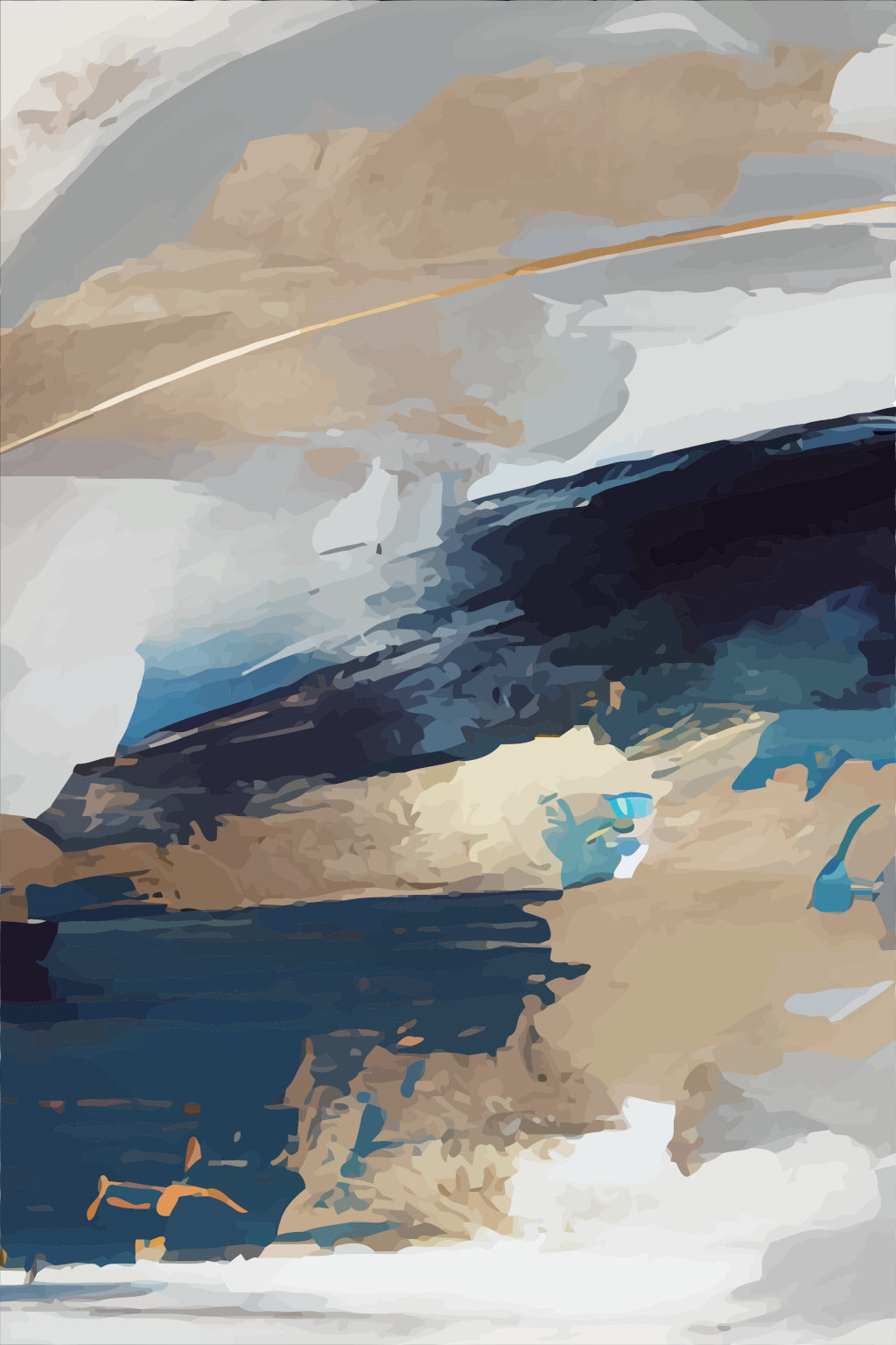 Abstract art with blue, beige, and white brush strokes