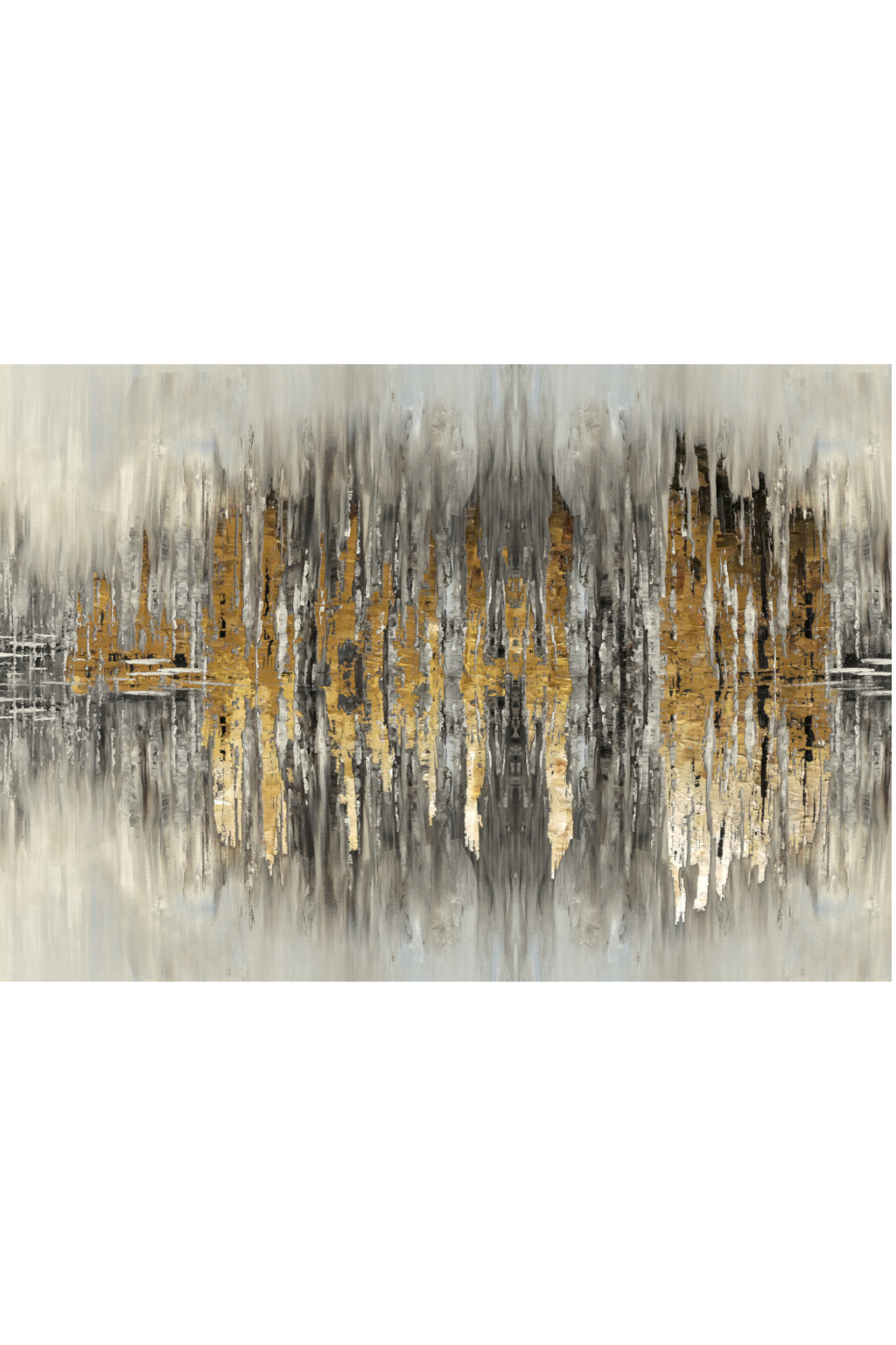 Abstract art piece with gold and gray brushstrokes on a white background