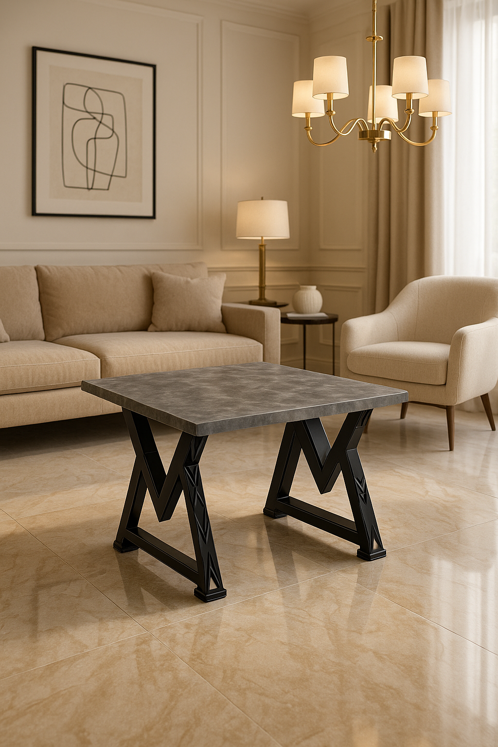 Gray epoxy coffee table with concrete look and black M-frame legs in a minimalist room.