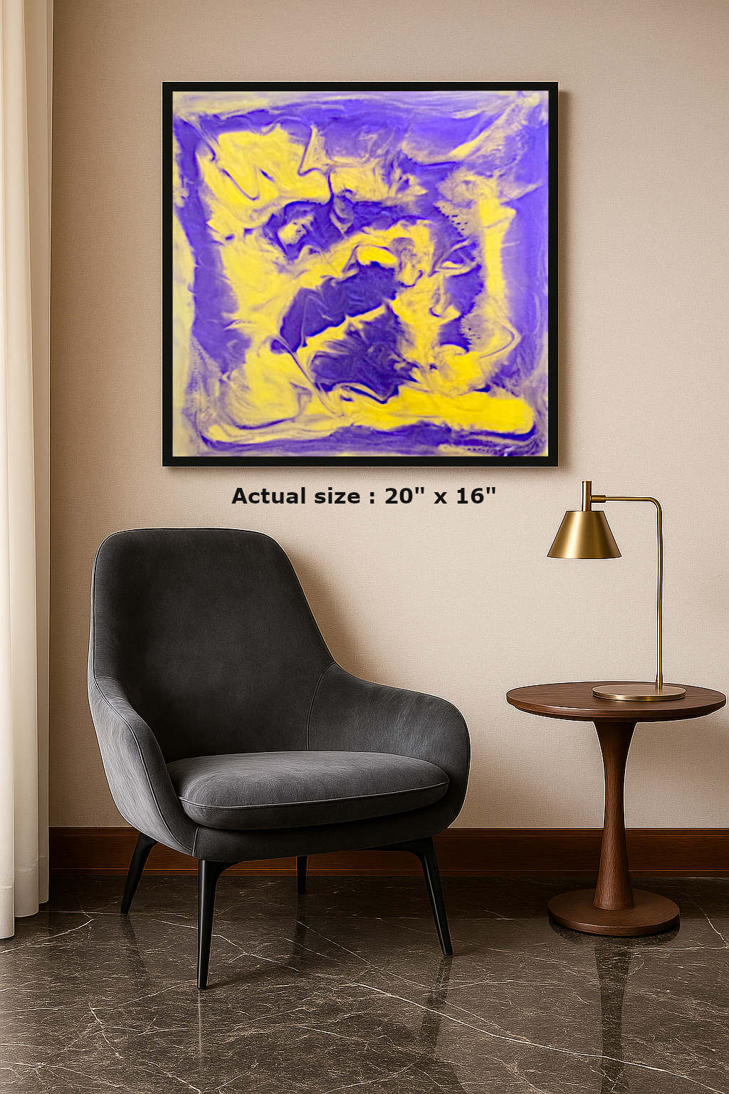 Abstract square wall art with bold purple and yellow swirls, made with epoxy / resin, framed and mounted on a luxury interior wall.