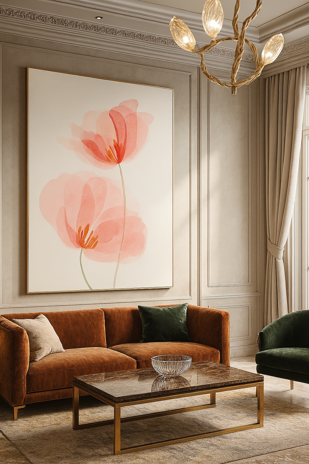 Large floral wall art titled "Whispering Petals" made with epoxy, resin, and printing on canvas, featuring soft pink translucent flowers in a luxury interior setting.