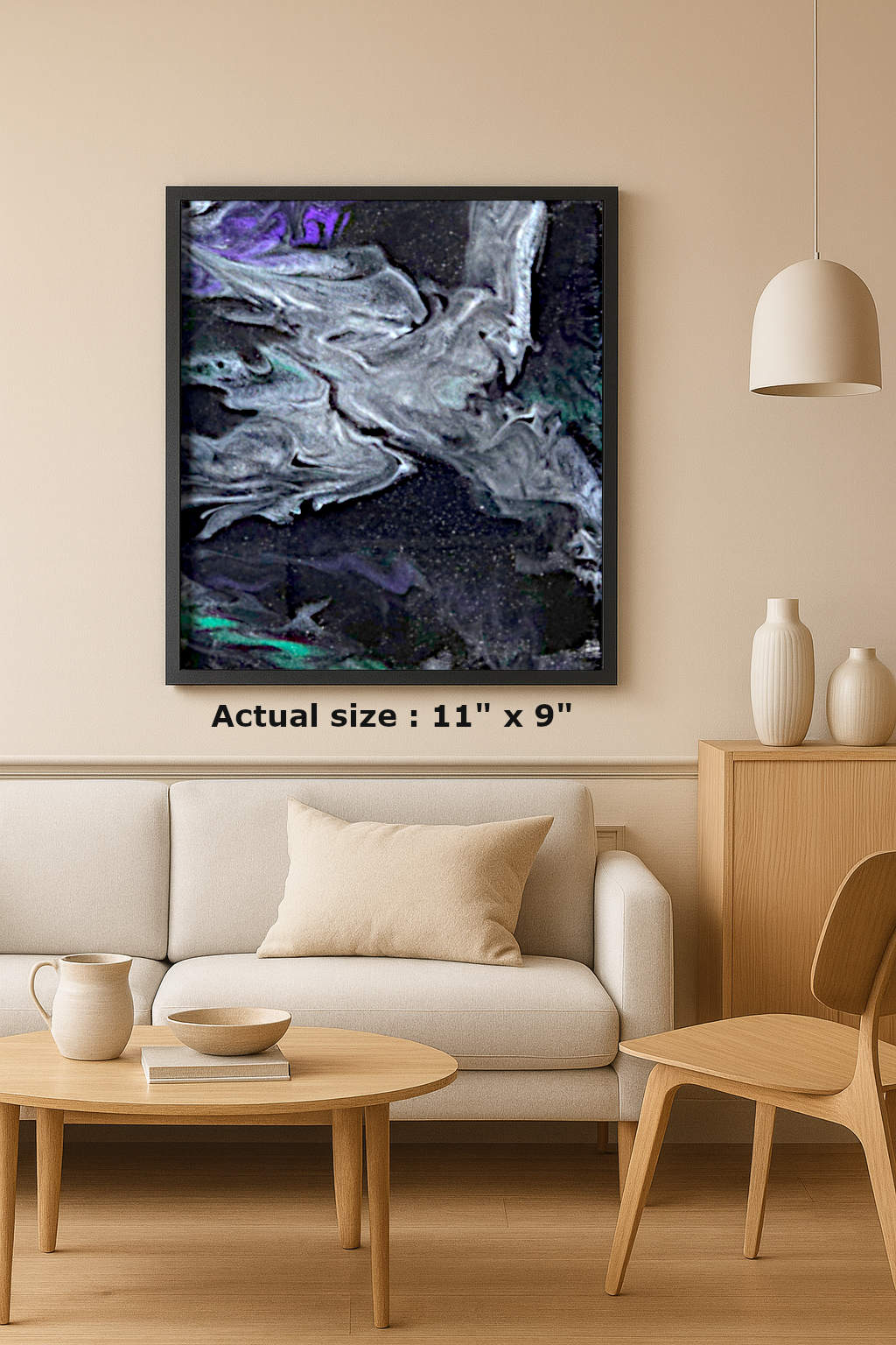 Framed abstract epoxy art titled "White Marble" featuring swirling white, black, and silver tones on a square canvas with resin finish