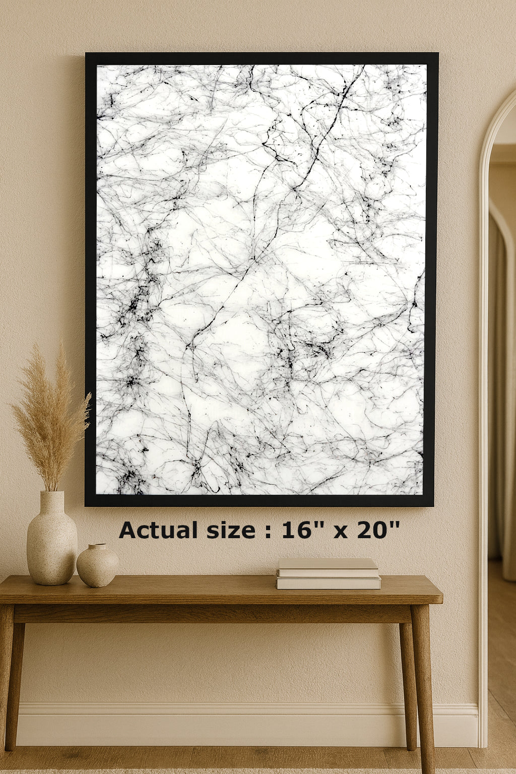 Albino Spider epoxy wall art with fine black web-like lines over a soft white background in a sleek black frame