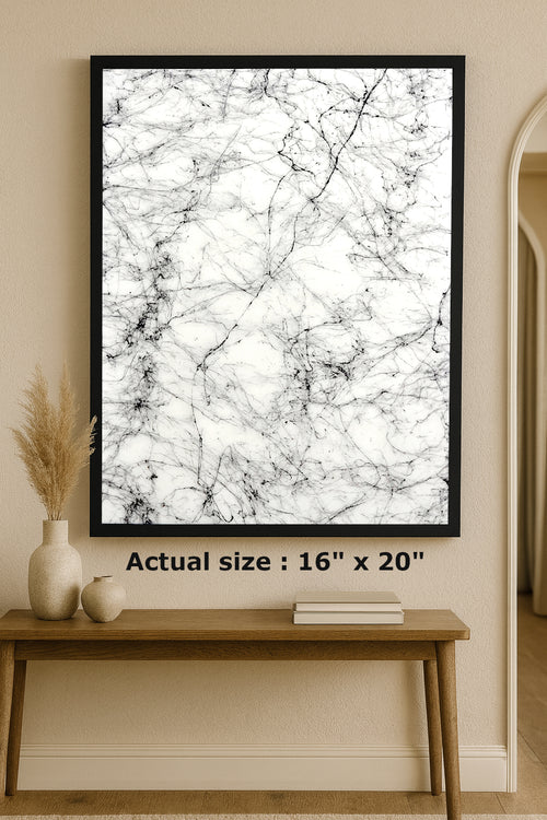 Albino Spider epoxy wall art with fine black web-like lines over a soft white background in a sleek black frame
