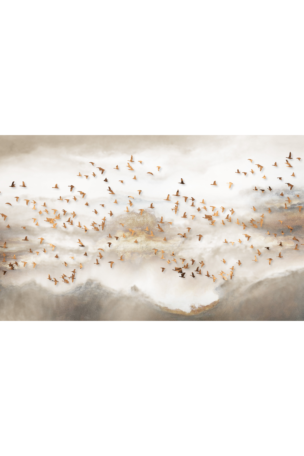 Flock of birds flying over a landscape with a neutral color palette